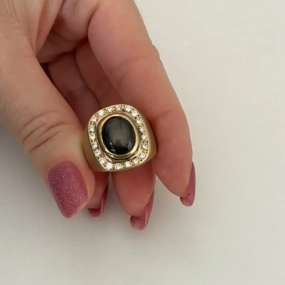 Vintage 14K Yellow Gold West Germany Smoky Cabochon Diamond Chunky Ring Sz 7.25